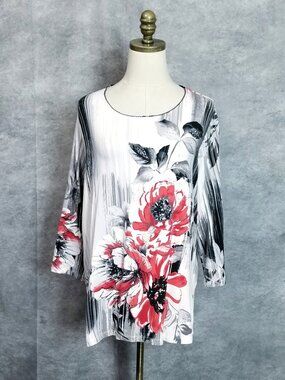 Alfred Dunner Floral Art Print Top Rhinestones Scoop Neck Plus Size 1X White